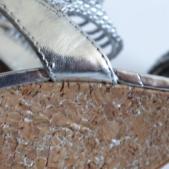 BCBG Paris Metallic Silver Faux Leather Woven Rope Strappy Cork Open Toe Wedges - Picture 13 of 15